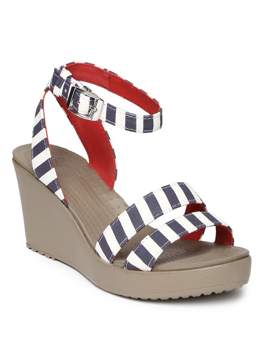 Women’s CROCS Leigh White Navy Striped Wedge Sandals Shoes Size 10